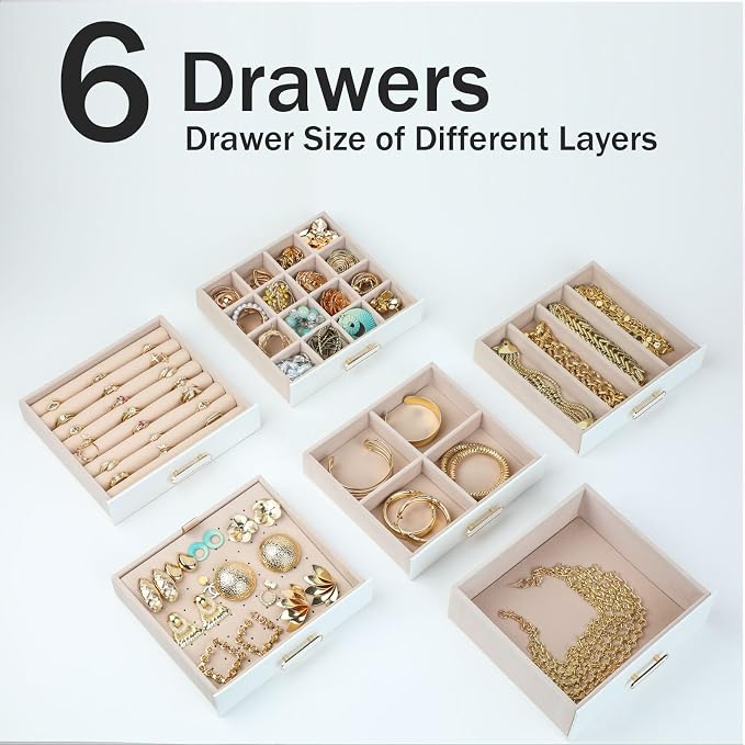 BOOVO Clear Lid Jewelry Box,6 Layers Jewelry Organizer Large Jewelry Storage Box with 6 Drawers,Jewelry Holder Organzier of Rings Earrings Necklace Bracelets for Women (White, 6 Layer) - Image 4