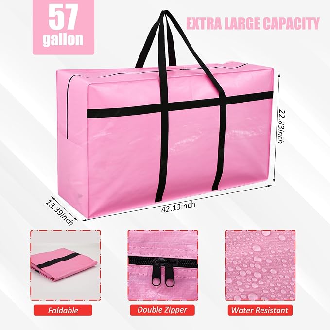 Windyun 4 Pack 57 Gallon Extra Large Moving Bags XXL Heavy Duty Storage Bag with Strong Zipper Handle Jumbo Big Tote Box Foldable for College Dorm Travel Clothes Duffle Blanket Pillow(Pink) - Image 2