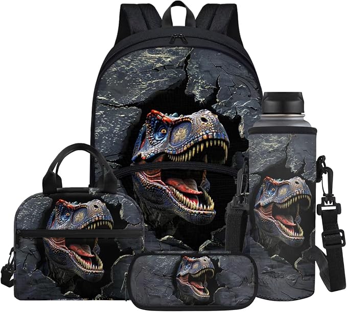 Dinosaur Backpack for Girls Back to School Shoulder Bookbags 17 Inch Bookbag, Insulated Thermal Lunch Totes,Pencil Holder,Cooler Water Bottle Sleeve, 4pcs/set by Glomenade