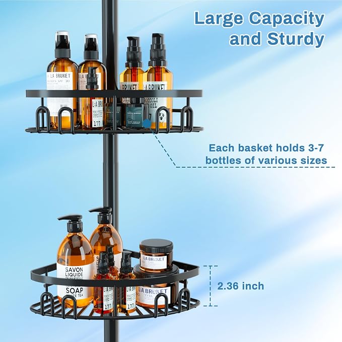 cutefafa Rustproof Corner Shower Caddy Freestanding Tension Pole, 4 Large Baskets for Bathtub Shampoo Storage Organizer Bathroom Height Adjustable Shelves from 23.6 to 114.5 Inch with Towel Bar - Image 4