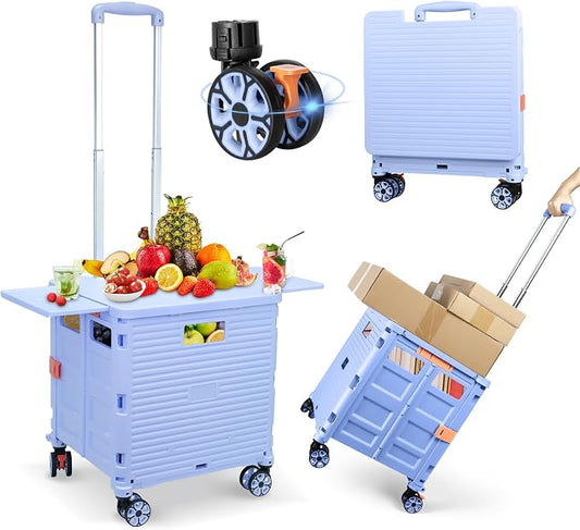 FELICON SELORSS Folding Utility Cart Portable Rolling Crate Handcart-Blue | Magnetic Sliding Lid,Telescoping Handle,Plastic Box Dolly,360°Swivel Wheels for Travel Shop Move Laundry Office Teacher Use by FELICON