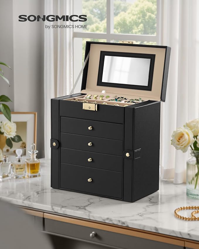 SONGMICS Jewelry Box Organizer, 5-Layer with 4 Drawers, Ink Black | Jewelry Storage Case with Lock and Mirror, Large Storage Capacity, for Necklaces, Watches, Gift for Loved Ones UJBC153BZ01S - Image 2