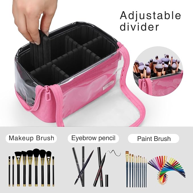 TANTO Makeup Brush Case Stand-up Makeup Cup Makeup Brush Holder Travel Professional Cosmetic Bag Artist Storage Bag Large Makeup Bag with Adjustable Divide (Rose Pink, 1-Large) - Image 2