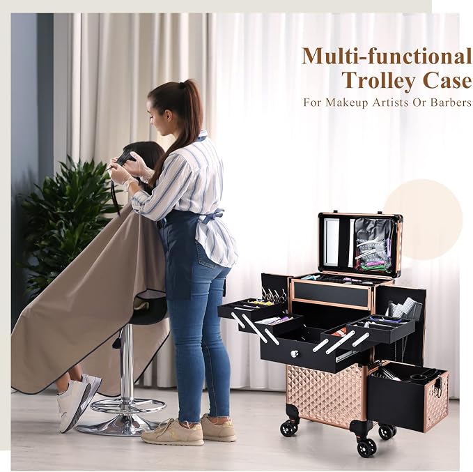 Professional Makeup Artist Rolling Train Case Multi-functional Cosmetic Train Case Large Trolley Storage Case for Nail Technicians Cosmetology Case for Hairstylist Rose Gold - Image 2