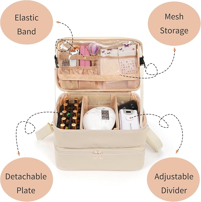 Ethereal Nail Polish Organizer Case, Leather Nail Polish Bag Holds 50+ Bottles (5ml/0.5fl.oz) and Nail Lamp, Nail Storage Organizer with Compartment, Leather White - Image 4