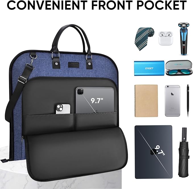 BALEINE Travel Garment Bag, Travel Suit Bag for Men, Water Resistant Carry on Garment Bag for Hanging Clothes, Garment Duffel Bag for Travel Business (Blue, 42") - Image 3