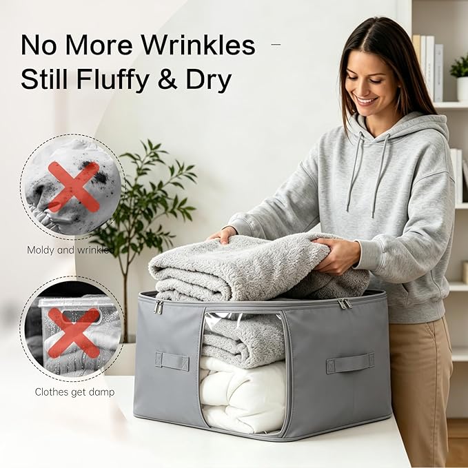Comforter Storage Bag, Large Capacity Blanket Storage Bags 3-Layer Ultra Space Saving Self Compression Organizer, Heavy Duty Space Saver Organizer for Bedding, Clothes, Blanket, 2-Pack, Gray - Image 4