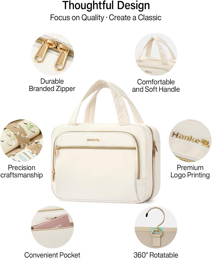 Hanke Hanging Travel Toiletry Bag for Women, Water-Resistant Makeup Organizer with Hook, Cosmetic Bag for Bathroom & Travel Essentials Accessories, Off White - Image 7