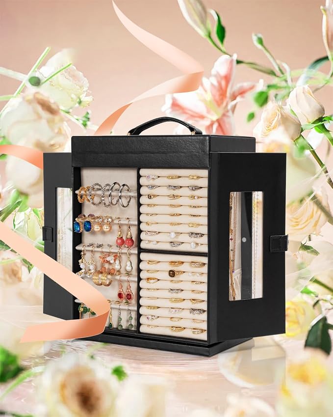 AKOZLIN 6-Tier Jewelry Box Organizer Functional 5 Drawers Leather Jewelry Storage Case for Women Girls Ring Necklace Earring Bracelet Holder Organizer with Mirror XL Black 360° Rotating - Image 5