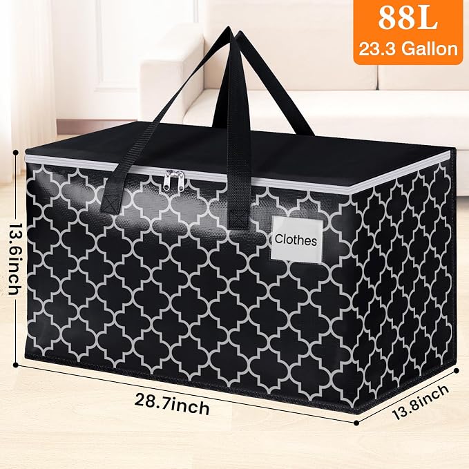 HomeHacks Heavy Duty Moving Bags with Tag Pockets, Collapsible Storage Totes for Moving, Camping & Travel -Foldable Packing Boxes, Zipper Handles, Black（8 Packs, 88L） - Image 3