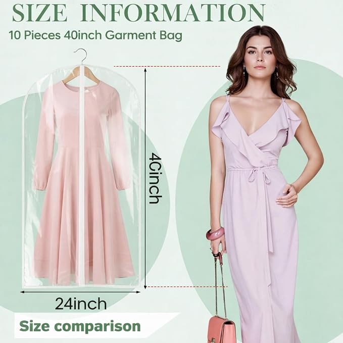 Amylove 10 Pcs 24 x 40 Inch Garment Bags Bulk Hanging Clothes Storage Covers for Closet Organization Dustproof Long Dress Bag Set for Wedding Dresses Gowns Coats Travel Suit (Transparent) - Image 2