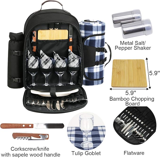Sunflora Picnic Backpack for 4 Person Set Pack with Insulated Waterproof Pouch for Family Outdoor Camping (Black) - Image 2