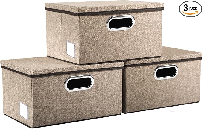 PRANDOM Storage Bins with Lids [3-Pack] Jute Fabric Foldable Storage Boxes Organizer Containers Baskets Cube with Cover for Home Bedroom Closet Office Nursery khaki（11.4X8.6X6.7 by Prandom