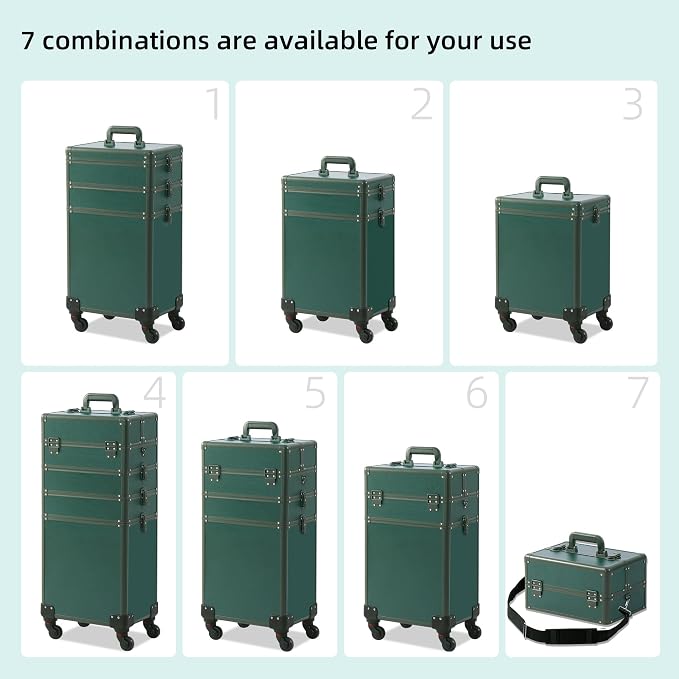 Somduy Makeup Train Case, Rolling Makeup Case with Lid, 5 in 1 Cosmetology Case on Wheels, Christmas Gift, Large Makeup Case Organizers, Profesional Cosmetic Case for Salon Barber, Green - Image 3
