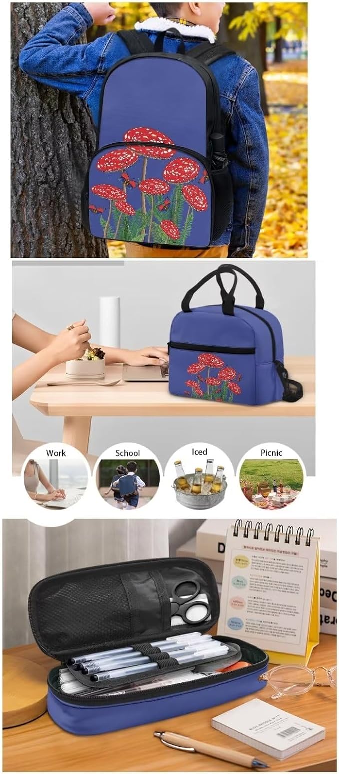 Blue Mushroom Backpack with Lunch Box and Pencil Case Girls Comfy Padded Cute School Backpack Set of 3 Bookbag for Student Lightweight Large Capacity Daypack - Image 5