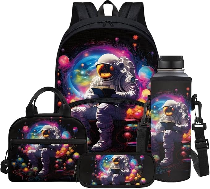 Trippy Planets Astronaut Print Backpack Set for Boys Girls, 17 Inch Student School Bag Lunch Bag Pencil Case Water Bottle Cover 4 in 1 by Glomenade