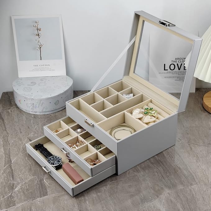 BOOVO Clear Lid Jewelry Box,3 Layers Jewelry Organizer Large Jewelry Storage Box with 2 Drawers,Jewelry Holder Organzier of Rings Earrings Necklace Bracelets for Women (Grey, 3 Layer) - Image 8