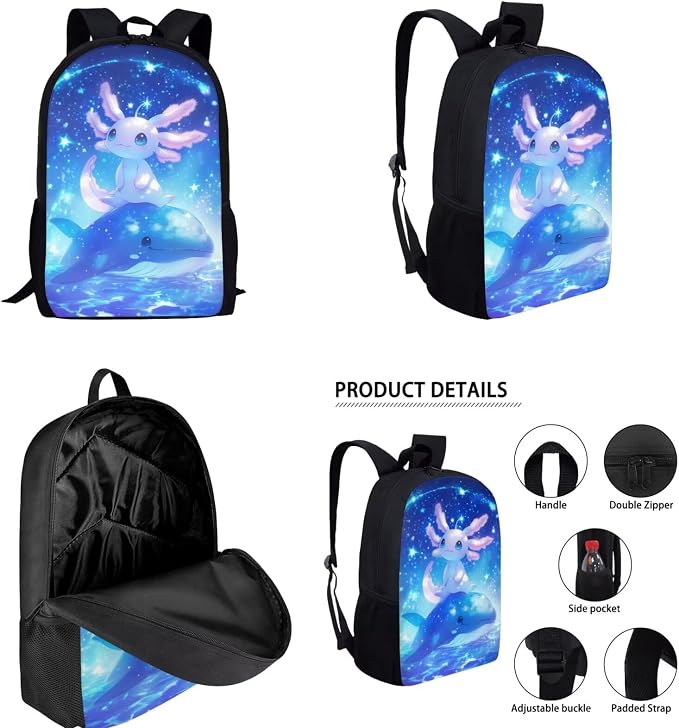 Cute Axolotl Backpack with Lunch Box Kids Girls 6-8/5-7 Killer Whale Elementary School Bookbag and Lunch Bag Pencil Case Water Bottle Holder 4PCS Set Student Book Bags Kindergarten Back Pack - Image 2