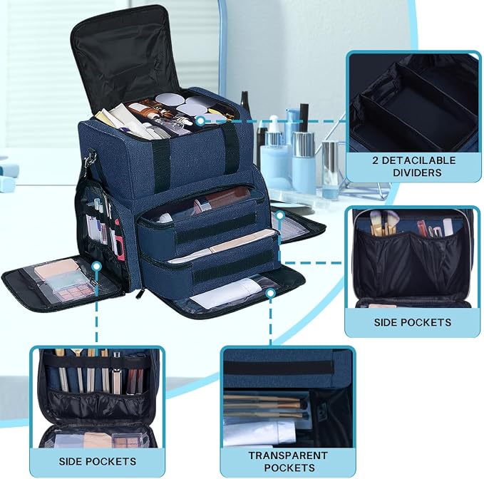 Large Makeup Bag with 2 Removable Case Cosmetic,Blue | Large Makeup Bag with 2 Removable Case Multifunctional Cosmetic Bag Double Layer Travel Toiletry Organizer - Image 3