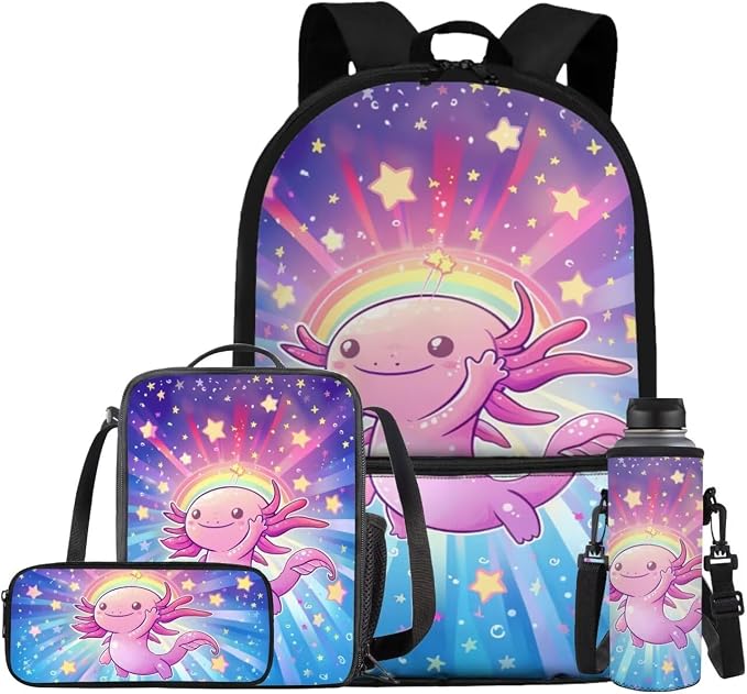Galaxy Axolotl Backpack for Girls Kids Backpack with Lunch Box Water Bottle Holder and Cute Pencil Case 4PCS Bookbag with Front Pocket for School 17 inch Lightweight Elementary School Bag by ELEDIZI