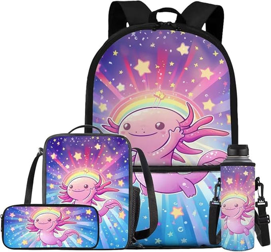 Galaxy Axolotl Backpack for Girls Kids Backpack with Lunch Box Water Bottle Holder and Cute Pencil Case 4PCS Bookbag with Front Pocket for School 17 inch Lightweight Elementary School Bag by ELEDIZI