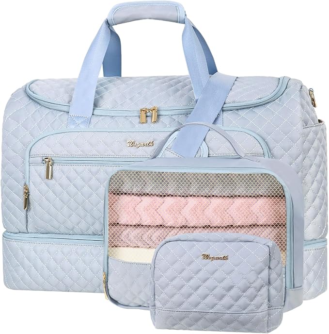 Wogarl 3PCS Weekender Bags for Women Large Overnight Bag Weekend Travel Duffel Bag Carry on Shoulder with Shoe Compartment Canvas Toiletry Bag for Travel Business Gym,Sky Blue by Wogarl