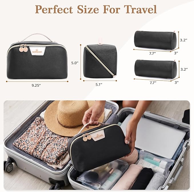 Travel Makeup Bag for Women: 3-in-1 Large Capacity Cosmetics Organizer with 2 Detachable Pouch - Vegan Leather Flat Open Toiletry Bag - Portable Travel Essentials for Full-Sized Bottles-Black - Image 5