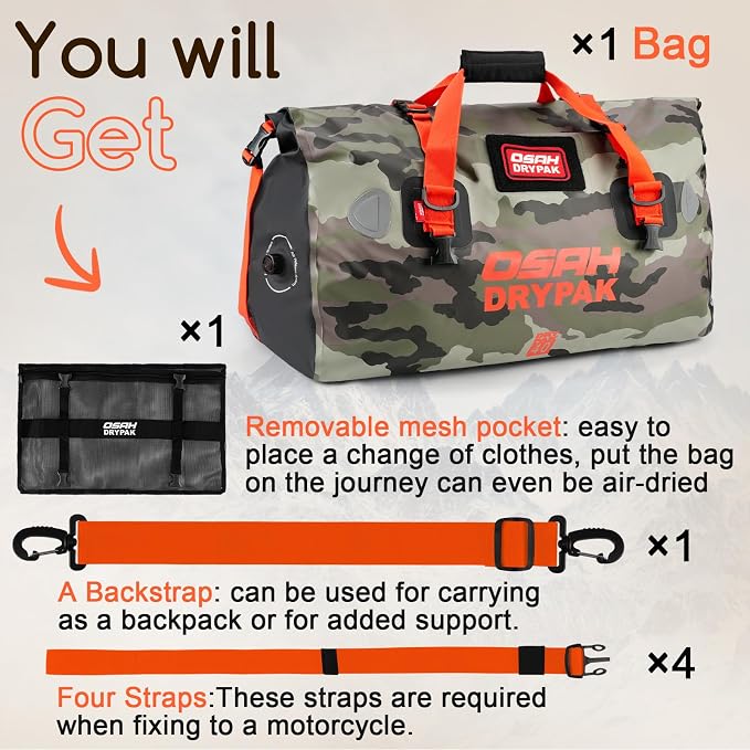 OSAH DRYPAK Waterproof Duffel Bag - Motorcycle Dry Bag Tail Bag with Large Storage Space, Waterproof Luggage Duffle Bags with Outer Mesh Zipper Pocket for Camping, Kayaking, Fishing & Traveling - Image 7