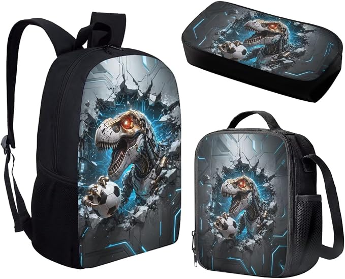 Forchrinse Dinosaur Backpack for School Boys 6-8 8-10 3 in 1 Soccer School Backpacks with Lunch Box Pencil Case Kids 17 Inch Bookbag School Bag Casual Daypack - Image 2