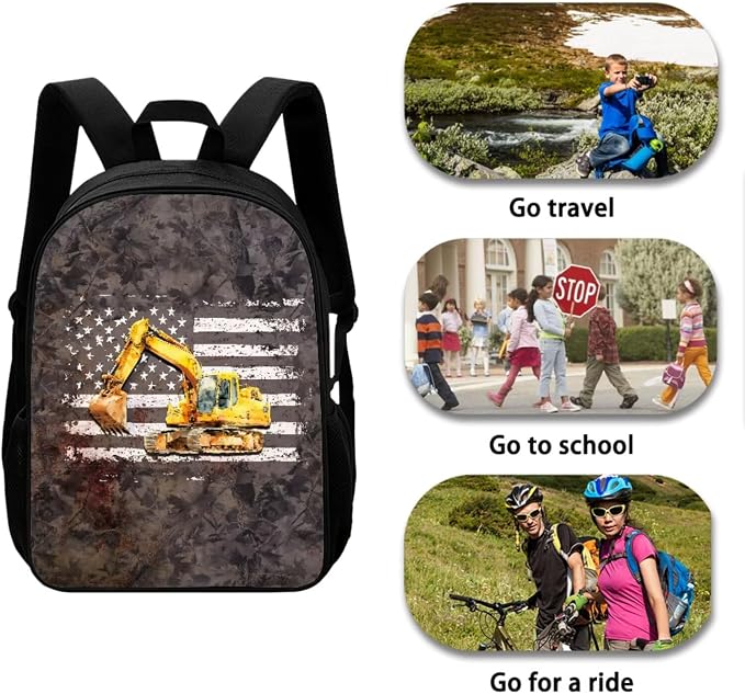 Excavator American Flag Print Schoolbag Set for Boys and Girls Back to School Supplies, Kids Backpack Set with Reusable Lunch Box Pen Bag, Durable Lightweight Daypack Set, Gray - Image 3