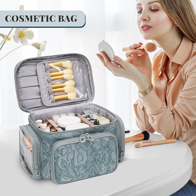 Bagmoly Large Makeup Bag, Portable Travel Makeup Bag Organizer for Women Girls with Makeup Brush Compartment & Two Side Pockets, Cosmetic Travel Bag Vertical Storage Toiletry - Floral Blue - Image 7