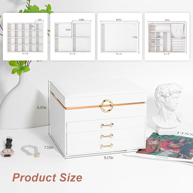 Jewelry Organizer Box, Women Jewelry Box White Jewelry Case 3-Layer with 3 Drawers, Jewelry Boxes for Women Jewelry Organizer, White - Image 6