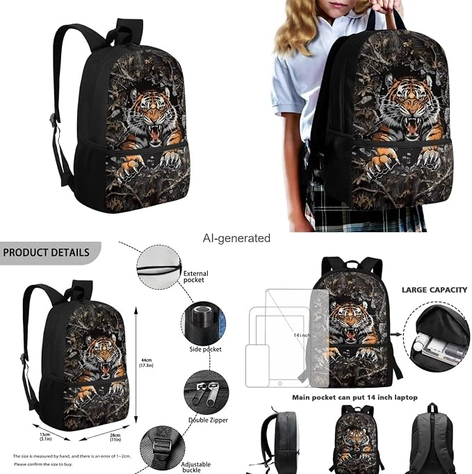 Tiger Camo Backpack for Boys Kids Backpack with Lunch Box Water Bottle Carrier with Strap and Pencil Case Pouch 4PCS Set Bookbag with Front Pocket for School 17 inch Large Capacity School Bag - Image 3
