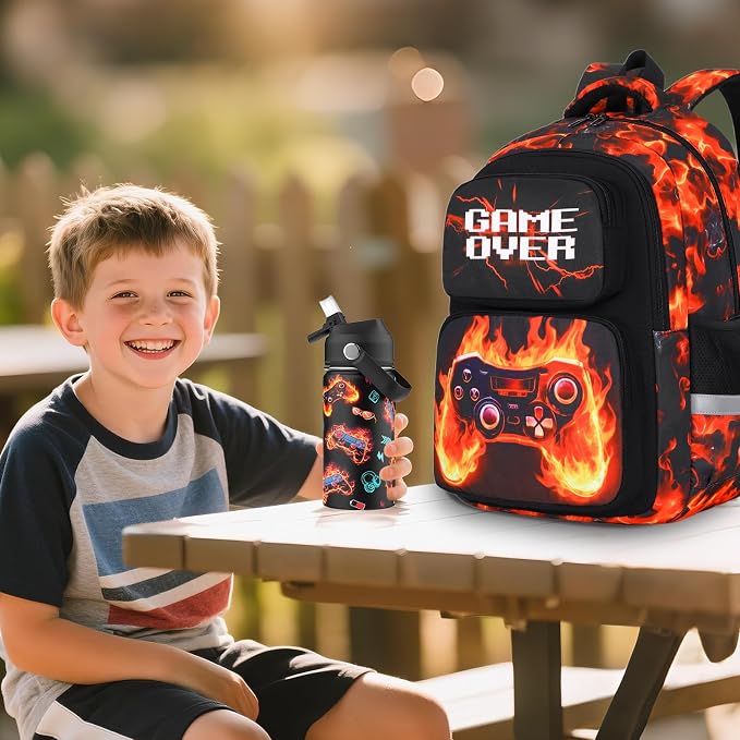 Bevalsa Kids Backpack for Boys with 14oz Insulated Bottle, Gamer Backpack School Bags for Kids & BPA-FREE Stainless Steel Metal Bottle for Elementary Middle School Student (Orange Flame) - Image 7