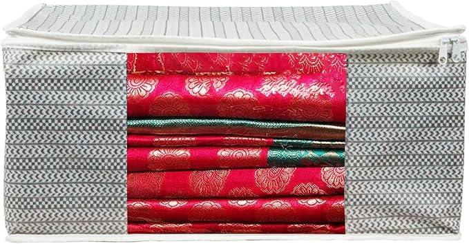 ANKIT INTERNATIONAL Saree Cover Storage Bags Pack of 1 – Non Woven Foldable Clothes Storage Organizer with Zipper & Clear Window, Wardrobe Garment Storage for Sarees, Dresses (Grey) by AI+ANKIT+INTERNATIONAL