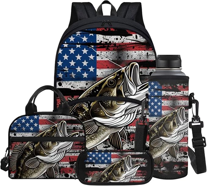 Bass American Flag Pattern Backpack for Boys School Bags Set with Insulated Lunch Bag Cooler Water Bottle Sleeve Pencil Pen Case 4 Pieces for Teenage Student by Glomenade