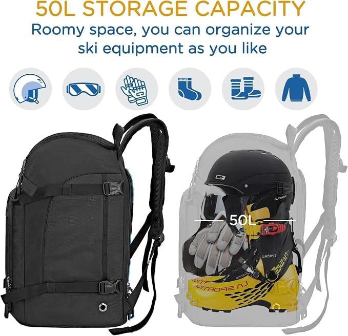 WOLT Ski Boot Bag Backpack - 50L Snowboard Boot Bag for Air Travel for Snow Boots, Ski Helmet, Gloves, Goggles, Skiing Gear - Image 2