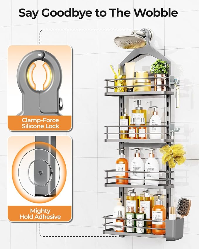 ODesign 4 Tier Height-Adjustable Shower Caddy Hanging Anti-Swing-Over The Shower Head Caddy-Showers Storage Organizer Bathroom Shelves Basket Showers Caddies-Grey - Image 5