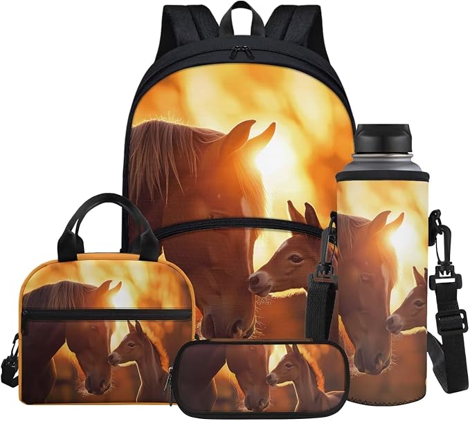 Sunset Horses Print Backpack for Boys Girls Bookbag with Lunch Box & Pencil Case & Water Bottle Sleeve 4 in 1 Casual Outdoor Daypack by Glomenade