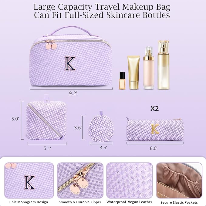 Personalized Gift Travel Makeup Bag: Initial Makeup Organizer Bag for Women | 3-in-1 Custom Make up Bag Set - Vegan Leather Travel Cosmetic Bag - Luxury Gift for Women – Birthday, Anniversary, Graduation - Image 6