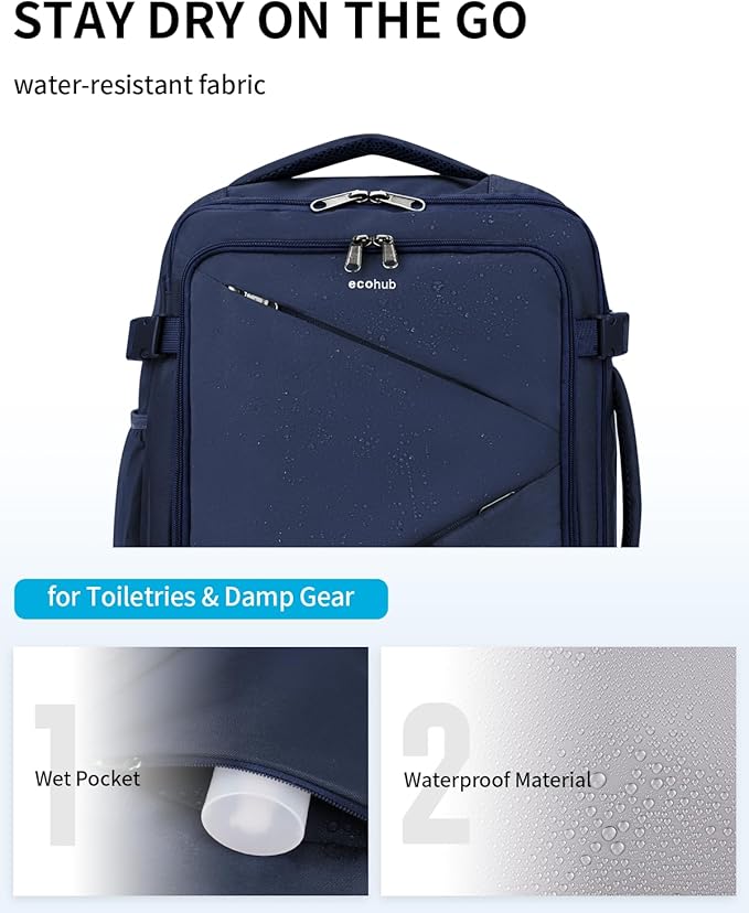 ECOHUB 17" Small Unisex Travel Backpack United Airlines Approved 17x10x9 Friendly Suitcase Anti-Theft Lockable Zippers Style Personal Item Bag Travel Essentials with 12 Pockets Water Resistant, Blue - Image 6