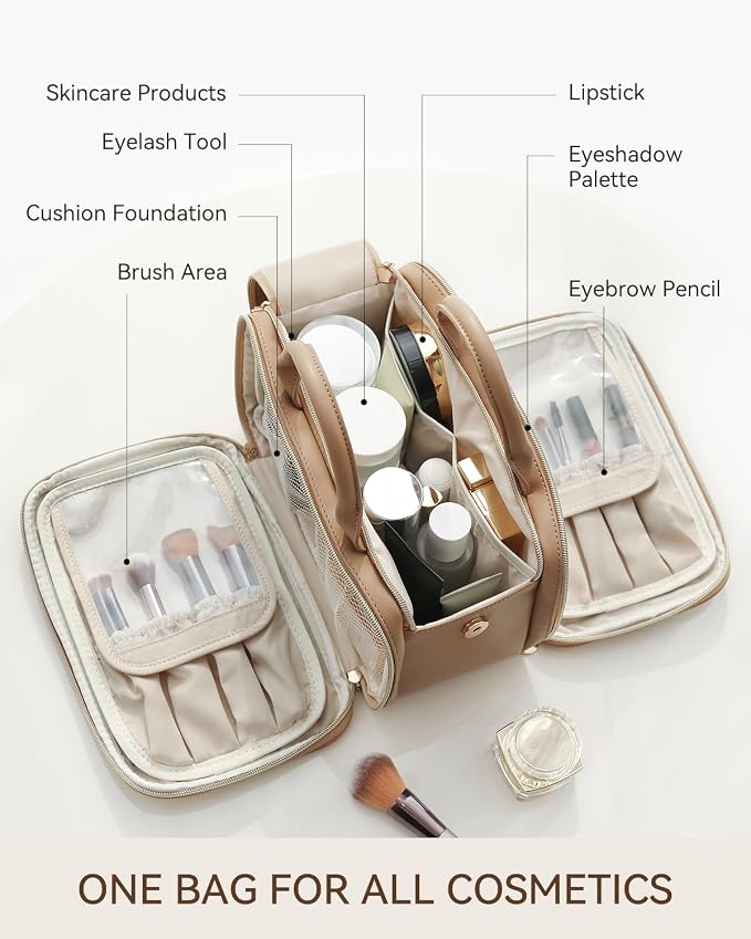 Prite Travel Makeup Bag Women’s Large Capacity Waterproof Cosmetic Organizer Portable Open Flat Toiletry Case with Free-standing Brush Holder and Handle(Beige Brown Medium) - Image 3