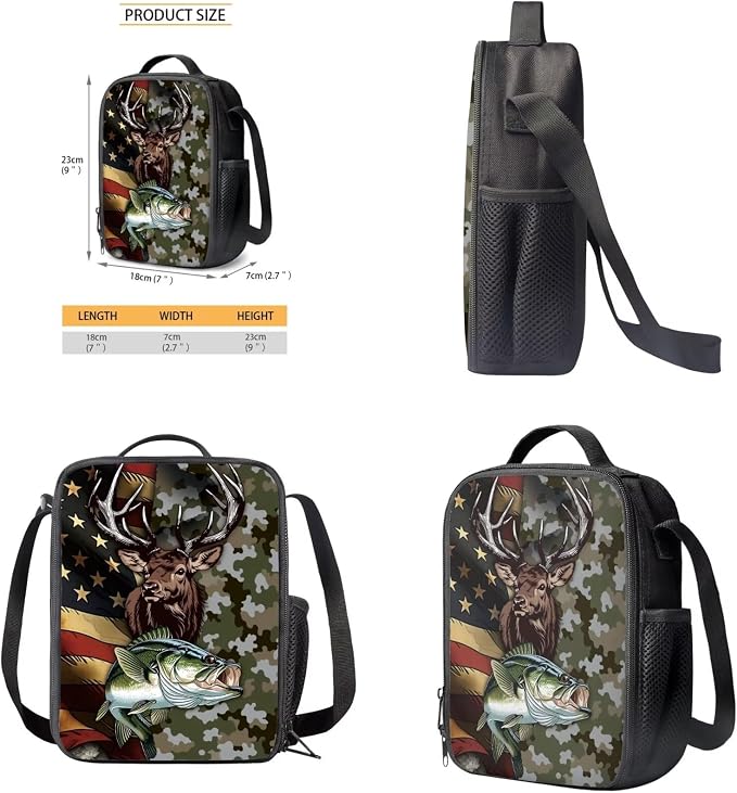 GIFTPUZZ Deer Fish American Flag Backpack 17 Inch Set Boys | Camo 4-Piece Lunchbox Combo, Water Bottle Sleeve, Elementary School Book Bags, Ages 8-10 - Image 6