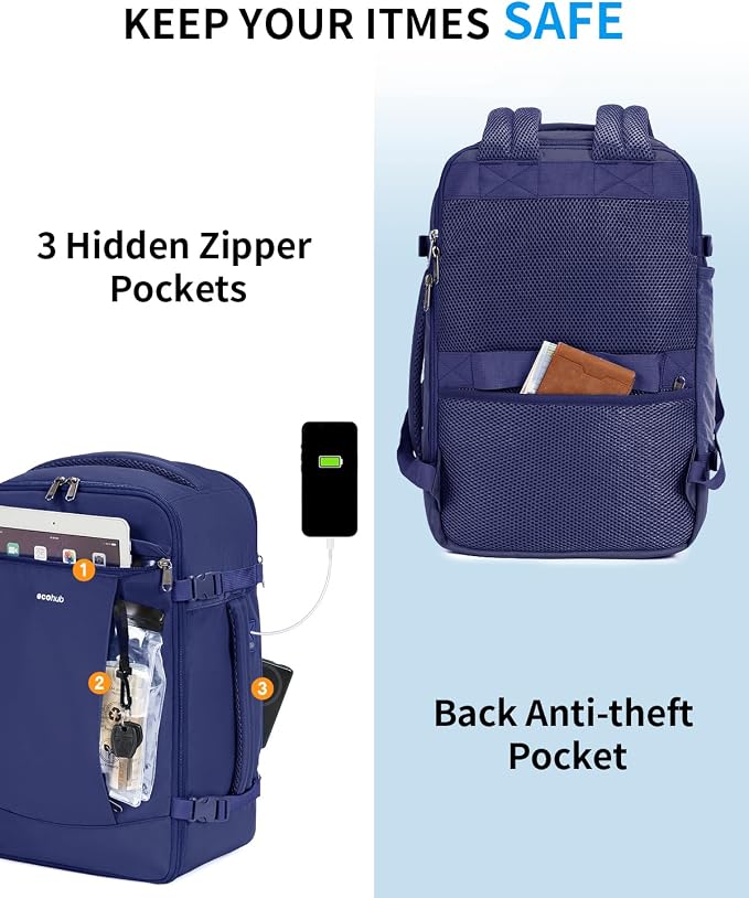ECOHUB Travel Backpack for Men Women, Carry on Backpack with USB Charging Hole, Spirit Airlines Personal Item Bag Flight Approved, 15.6 Inch Laptop Backpack with Anti Theft Pockets, 30L, Navy Blue - Image 5