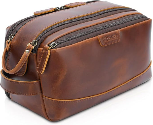 Polare Full Grain Leather Toiletry Bag for Men Large Travel Cosmetic Case Dopp Kit Shaving Kit Wash Pouch with YKK Zippers (Brown) by polareoriginal