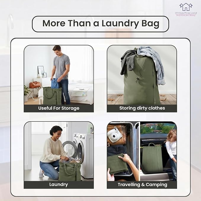 LFH Home Large Premium 1pack Cotton Rich Canvas Laundry Bag with Drawstring and Handles Heavy Duty, Multi-Use, and Washable for Home, Travel, College or Storage 28x40-Military Green - Image 3