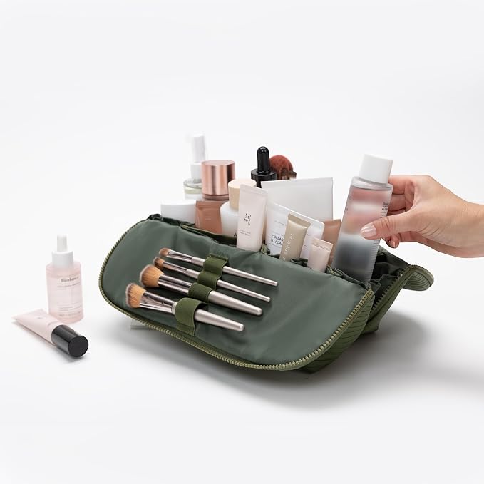 THE VERTI-Vertical Waterproof Makeup & Toiletry Bag | 23-Pocket Organizer with Upright, Fold-Down Design for Skincare, Toiletries & Essentials (Olive) - Image 2