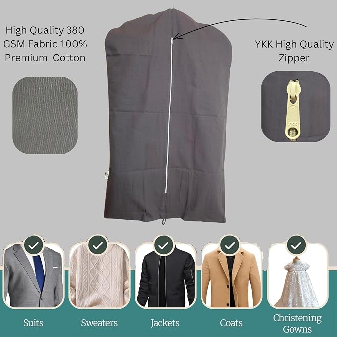 Premium 100% Cotton Garment Bags – 35" Gray Canvas Suit Cover with YKK Zipper – Breathable, Dust-Proof Storage for Suits, Coats, Dresses, Jackets & Travel/Closet Use - Image 4