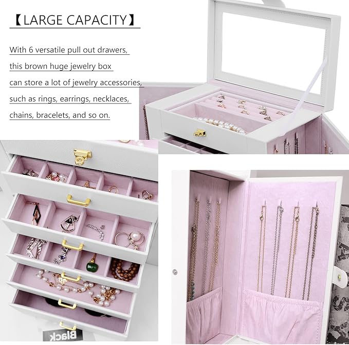 AKOZLIN 6-Tier Jewelry Box Organizer Functional 5 Drawers Leather Jewelry Storage Case for Women Girls Ring Necklace Earring Bracelet Holder Organizer with Mirror Extra Large White - Image 4