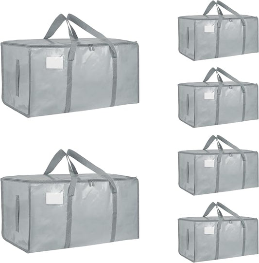 6 Pack-Extra Large Heavy Duty Moving Bags - Waterproof Storage Totes with Handles & Zippers, Foldable for College Dorm, Storage (light gray) by Unknown